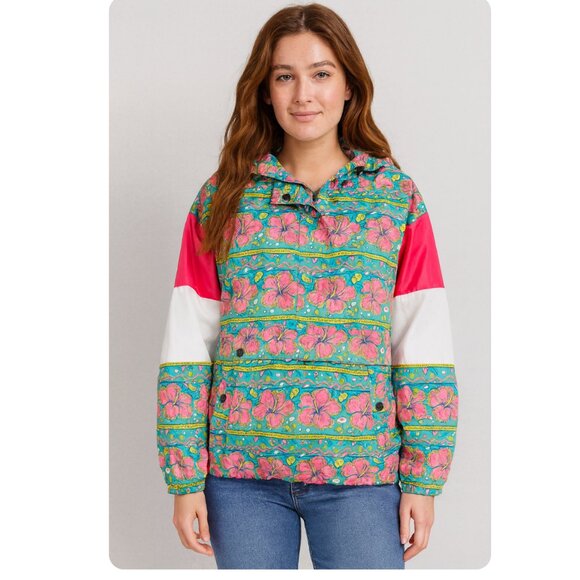 Simply Southern Floral Windbreaker Jacket Pink Blue Hooded Pullover Women’s LG - Picture 1 of 7